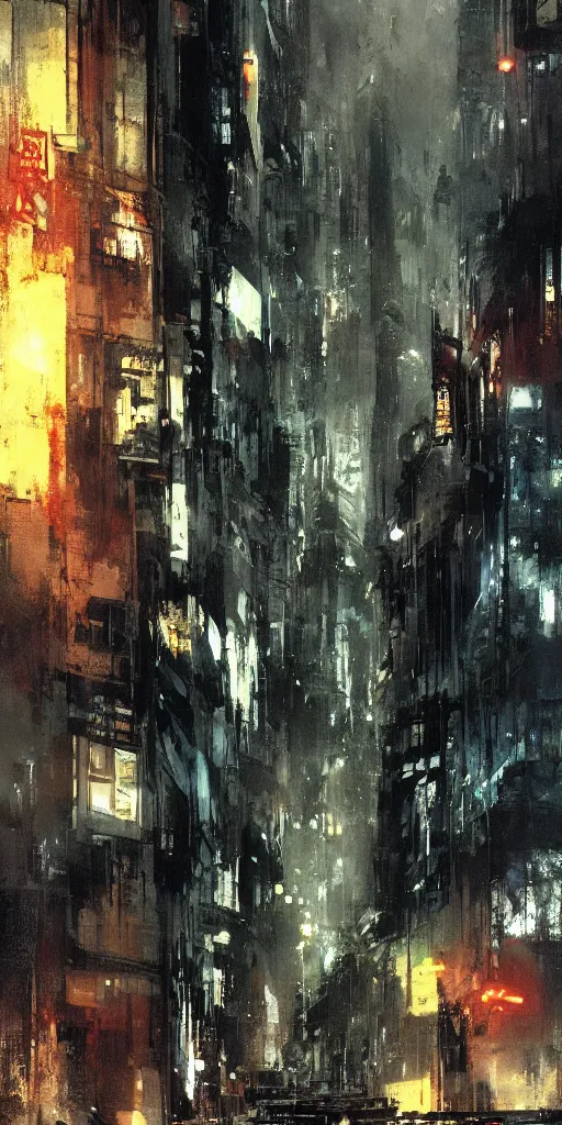 Image similar to a blade runner dungeon located in a city painted by ashley wood and phil hale, masterpiece, award - winning, sharp focus, intricate concept art, ambient lighting, 8 k, artstation, pixiv