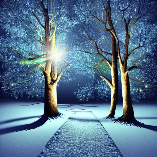 Prompt: Photorealistic, highly detailed, forest landscape, dark blue background, illuminated big wintry oak trees with different colors, night time