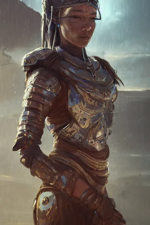 Image similar to a portrait of a tribal women with sci-fi armour by Greg Rutkowski, Sung Choi, Mitchell Mohrhauser, Maciej Kuciara, Johnson Ting, Maxim Verehin, Peter Konig, final fantasy , mythical, 8k photorealistic, cinematic lighting, HD, high details, atmospheric,