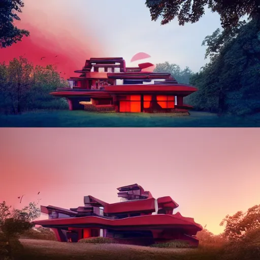 Image similar to modernist house inspired by a tibetan palace between big trees, red clouds, dramatic lighting, artstation, matte painting, raphael lacoste, simon stalenhag, frank lloyd wright, zaha hadid