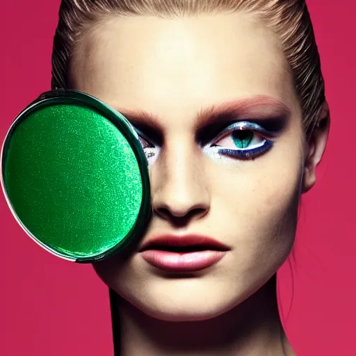 Image similar to photo of beautiful model with subtle green eye shadow, photo by annie leibovitz and mert and marcus, beauty campaign, photoshoot, closeup, real life skin, sharp focus