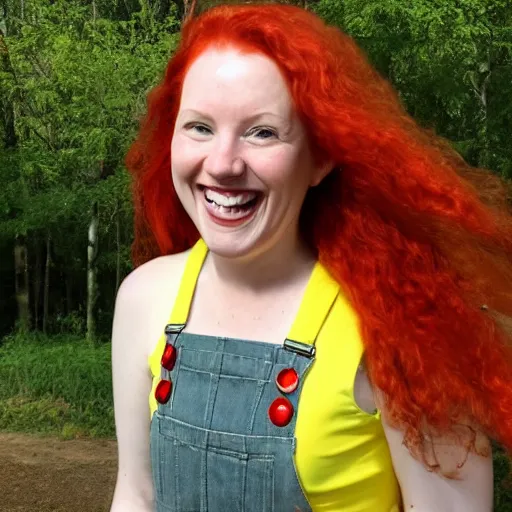 Prompt: A red haired woman dressed in overalls smiling at the camera