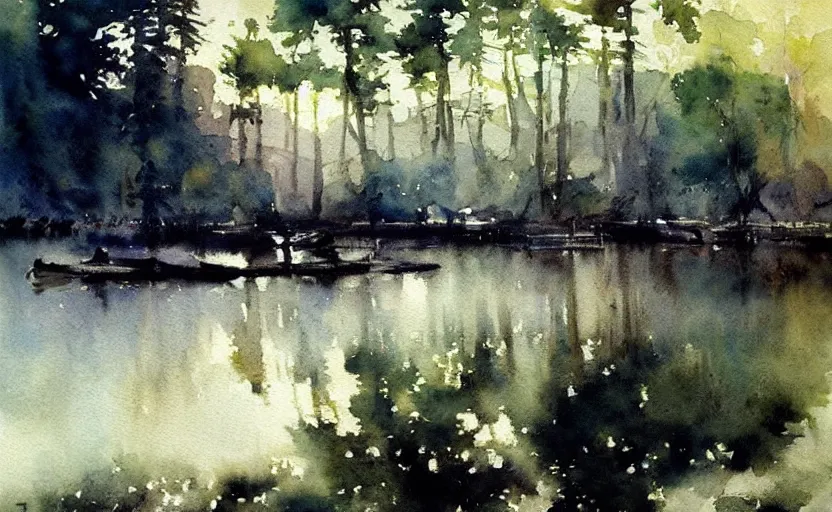 Image similar to watercolor lanscape by anders zorn, very very very very beautiful art, dramatic light, water reflections, aquarelle paint splashes and drips, drops