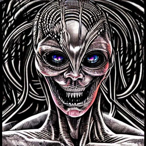 Image similar to a dark humanoid, hyper detailed, in the style of h. r. giger and junji ito and h. r. giger and junji ito, selfie