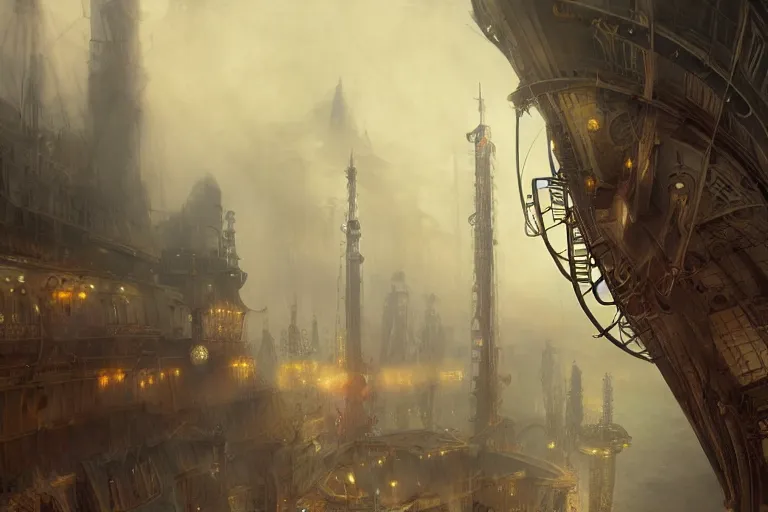 Image similar to wide view of a steampunk airship docking with a tall tower, fog, volumetric lighting, intricate, elegant, highly detailed, digital painting, artstation, concept art, smooth, sharp focus, art nouveau, art by raymond swanland and alphonse mucha