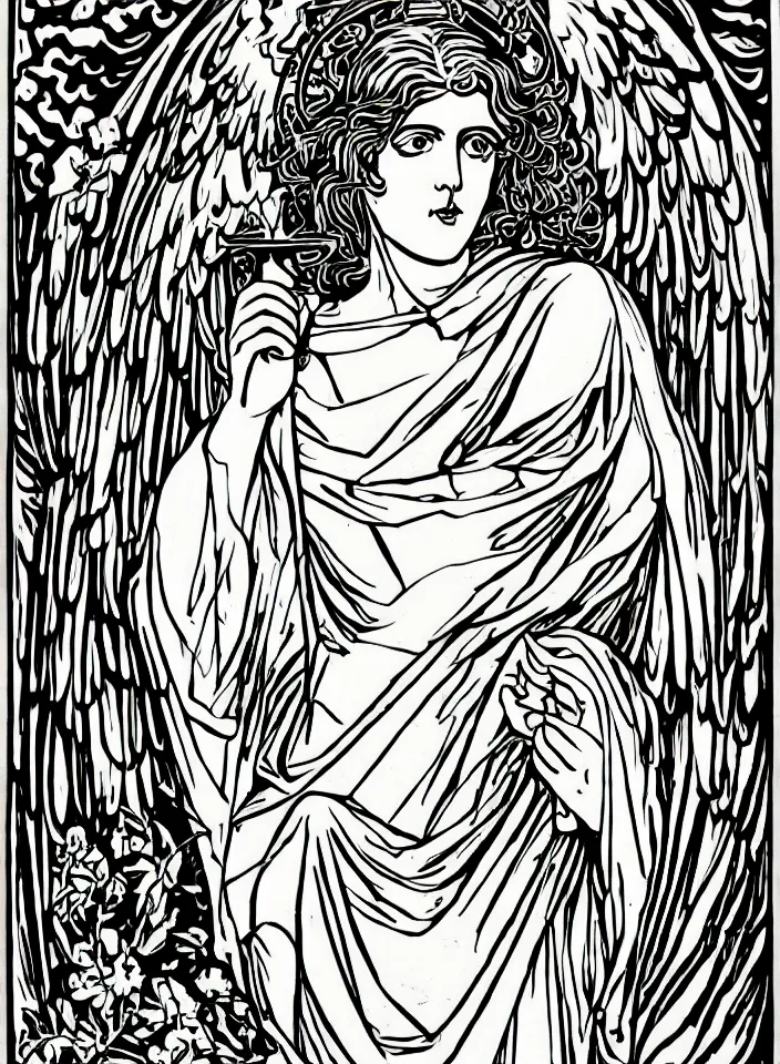 Prompt: detailed high contrast with bold lines angel holding a television, art nouveau, symbolist, visionary, gothic, horizontal symmetry