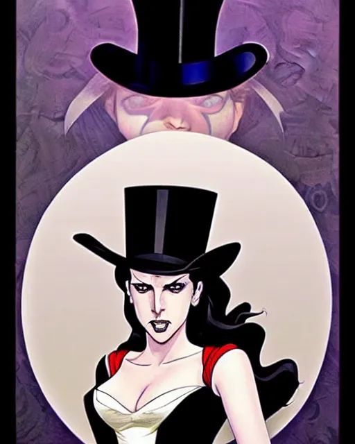 Prompt: beautiful Anna Kendrick Zatanna DC Comics floating on stage, wearing a top hat, symmetrical face symmetrical eyes, smiling, fantasy, intricate details, atmospheric, elegant, concept art, art by eiichiro oda, Joshua Middleton art