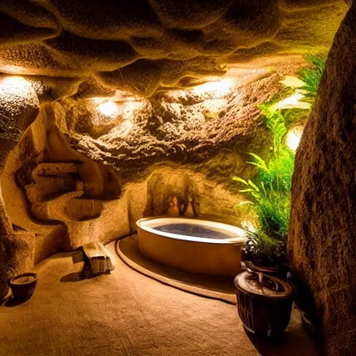 Image similar to cozy bathhouse hidden in a cave, candlelight, low ceiling, towels, cushions, natural light, lush plants and flowers, elegant, intricate, fantasy, atmospheric lighting,