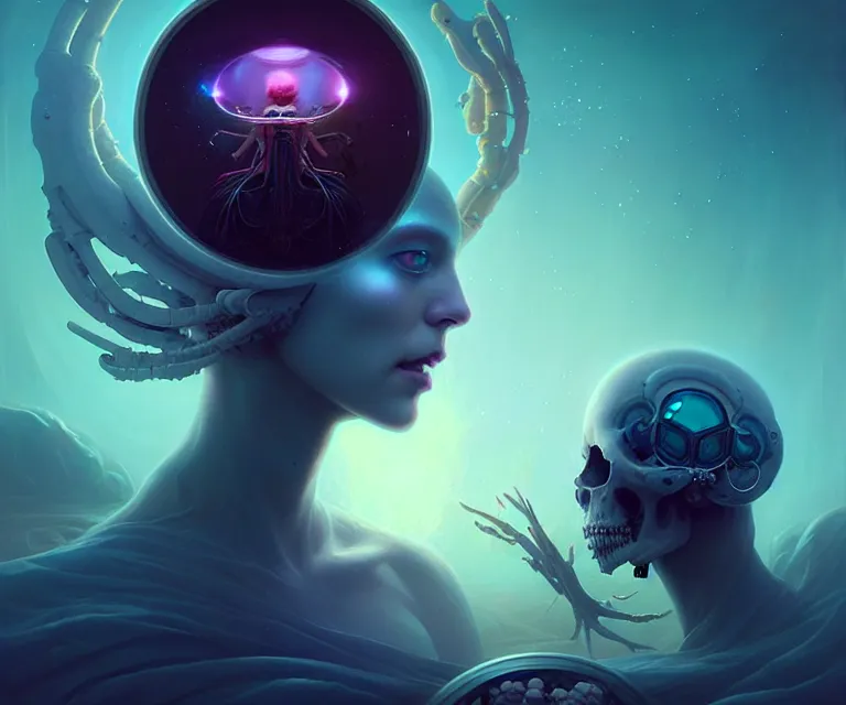 Image similar to shkkeled in the voied, by hr beeple and cgsociety. stunning goddess of speed charlie bowater and tom bagshaw, insanely detailed, artstation, space art. atoms surrounded by skulls and spirits deep under the sea, horror, sci - fi, surrealist painting, by peter mohrbacher anato finnstark