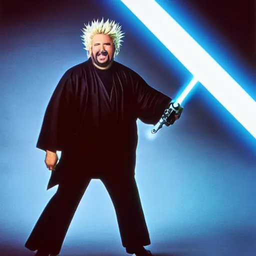 Prompt: Guy Fieri in Star Wars, Jedi Knight, blue light saber, desaturated!, cinematic, cinestill 400t film, 35mm lens, by Stanly Kubrick, ultra high quality