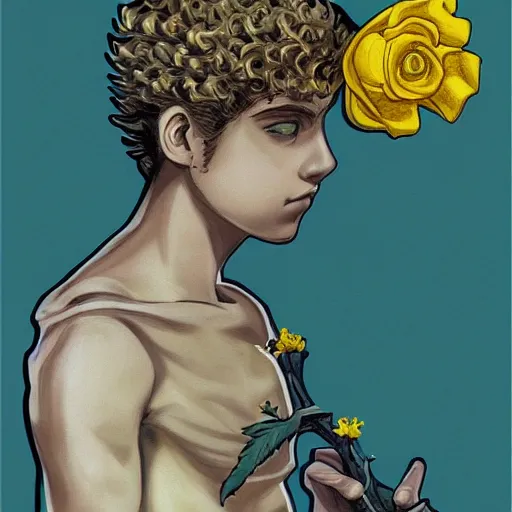 Prompt: A side view painting of 15 years old young and beautiful giorno giovanna holding a branch of yellow rose, fantasy, detailed, cinematic, tarot card, highly detailed, golden ratio,8k