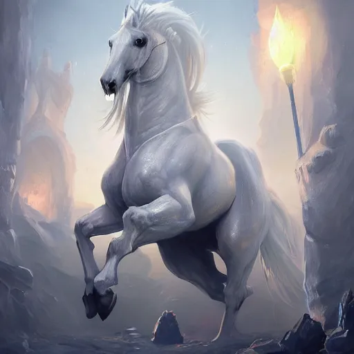 Image similar to a giant white chess horse piece, glowing chess horse pawn, glowing chess horse knight, chess horse knight, chess knight, chess knight, battlefield background, bright art masterpiece artstation. 8 k, sharp high quality artwork in style of jose daniel cabrera pena and greg rutkowski, concept art by tooth wu, hearthstone card game artwork, chess horse