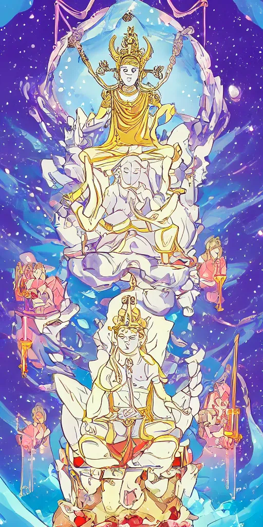 Image similar to buddha sitting on a throne of ice drawn by studio trigger, in the style of Little Witch Academia, spiritual enlightenment, tarot card, Tarot card the Hierophant