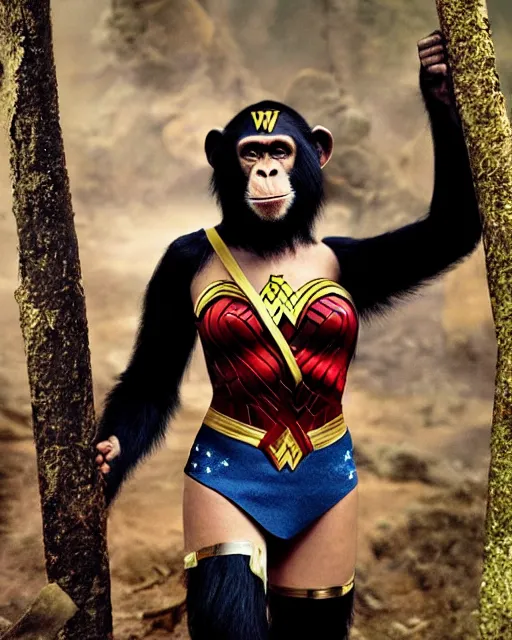 Prompt: A chimpanzee wearing a Wonder Woman outfit, photographed in the style of Annie Leibovitz, hyperreal