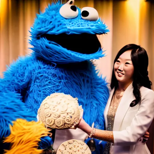 Image similar to cookie monster marrying justin sun, professional wedding photography