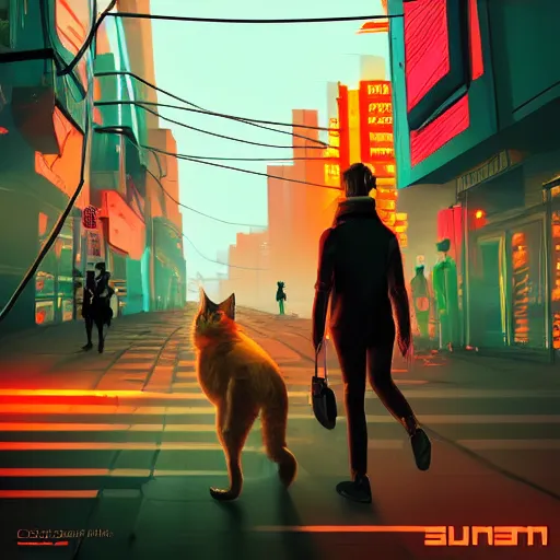 Prompt: Orange tabby cat walks through streets of a cyberpunk city, synthwave, Retrowave, trending on Artstation