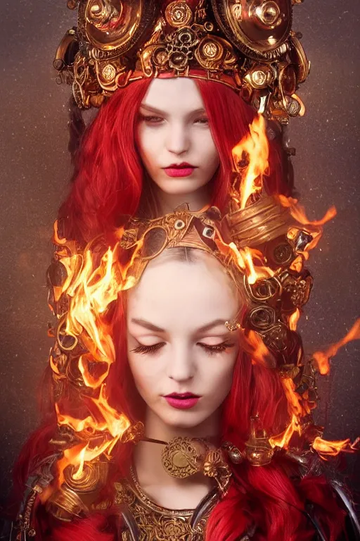 Image similar to a beautiful image of a young woman, steampunk Chandra queen of fire, big googles over her head, long flowing hair glowing with fire, steampunk costume mostly red and gold young female face, cinematic top lighting, insanely detailed and intricate, face by wlop, Charlie Bowater, golden ratio, symmetric, elegant, ornate, luxury, elite, matte painting, cinematic, trending on artstation, deviantart and cgsociety, 8k, high resolution