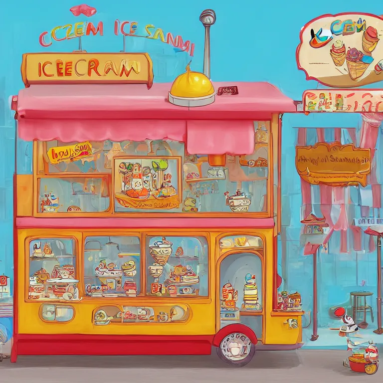 Image similar to ICE CREAM SHOP by richard scarry, HD, trending on artstation