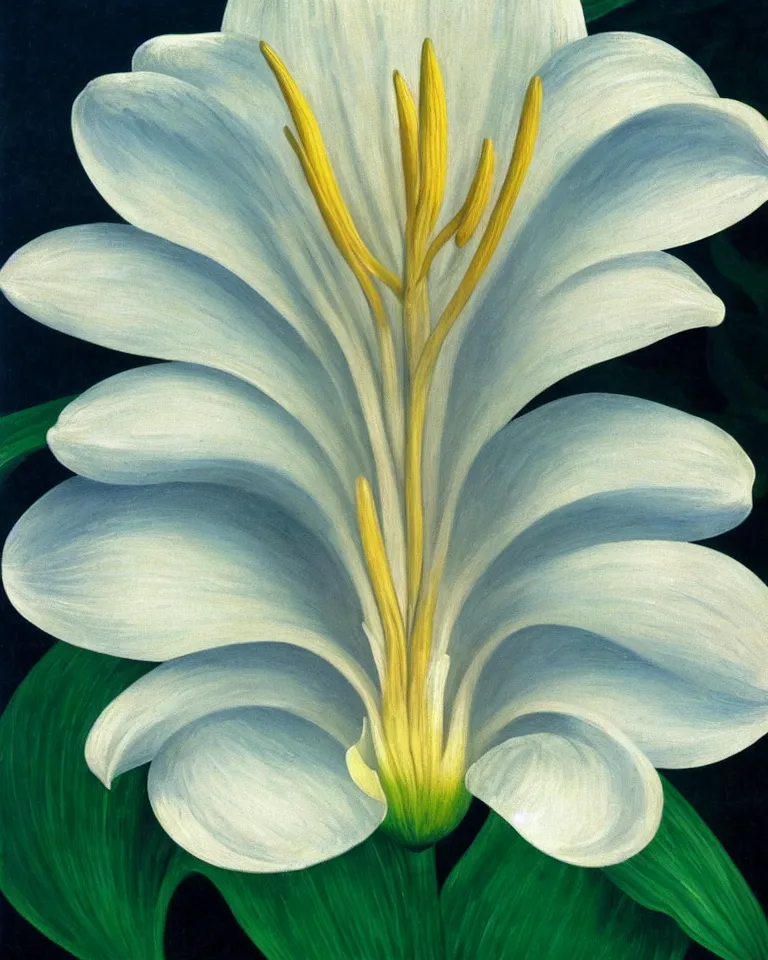 Image similar to achingly beautiful extreme close up painting of one white lily blossom by rene magritte, monet, and turner. piranesi. macro lens, symmetry, circular.