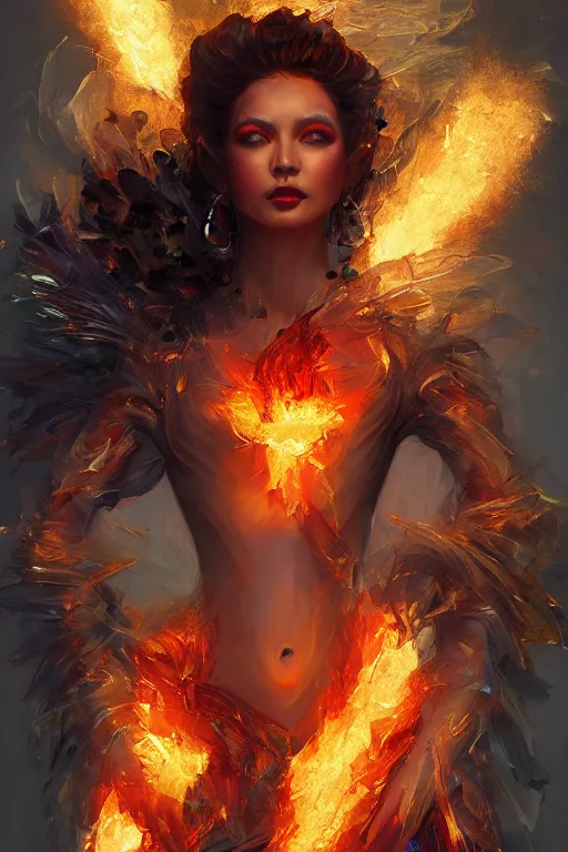 Image similar to torso closeup model wearing exploding fire crystal dress, sorcerer, diamonds, angel, fantasy, dramatic lighting, highly detailed, digital painting, holding electricity, magic the gathering, hyper detailed, 3 d render, hyper realistic detailed portrait, peter mohrbacher, wlop, ruan jia