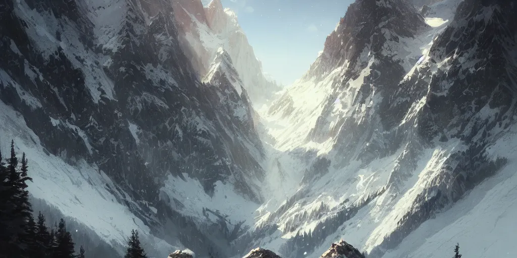 Prompt: beautiful alps landscape, magnificent, luxury, detailed, sharp focus, close up, high detail, volumetric, illustration, cold lighting, by jordan grimmer and greg rutkowski, trending on artstation, pixiv