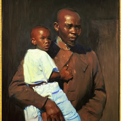 Image similar to a painting of a elegant well fed elder with few eyebrows and his son from Kenya by Henry Ossawa Tanner . thinker without facial hair, thoughtful, focused, visionary, calm, jovial, loving, fatherly, generous, . dramatic angle, ethereal lights, details, smooth, sharp focus, illustration, realistic, cinematic, artstation, award winning, rgb , unreal engine, octane render, cinematic light, macro, depth of field, blur, red light and clouds from the back, highly detailed epic cinematic concept art CG render made in Maya, Blender and Photoshop, octane render, excellent composition, dynamic dramatic cinematic lighting, aesthetic, very inspirational, arthouse.