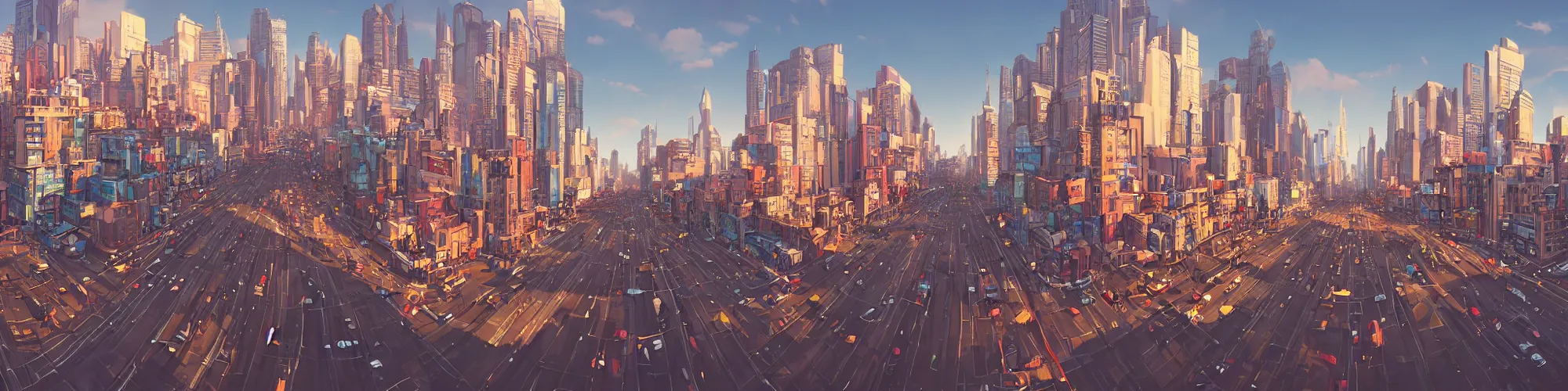 Prompt: panorama view of a city, on the street, no cars. sharp focus, cinematic pose, cinematic lighting, unreal engine render. art by josan gonzales and moebius and deathburger.