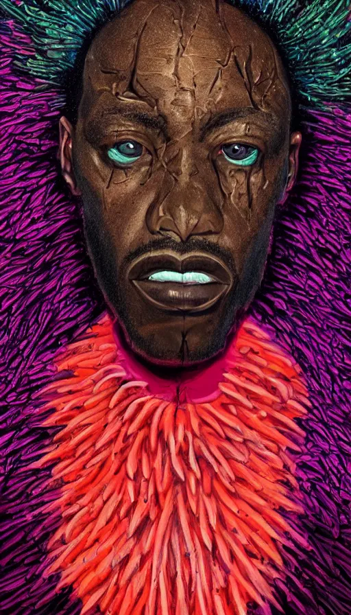 Image similar to detailed full body illustration of an African male with face augmentations, strong neon lighting, Afrofuturism, extravagant feathered collar, by glenn fabry, hyper realistic, HD, oil on canvas