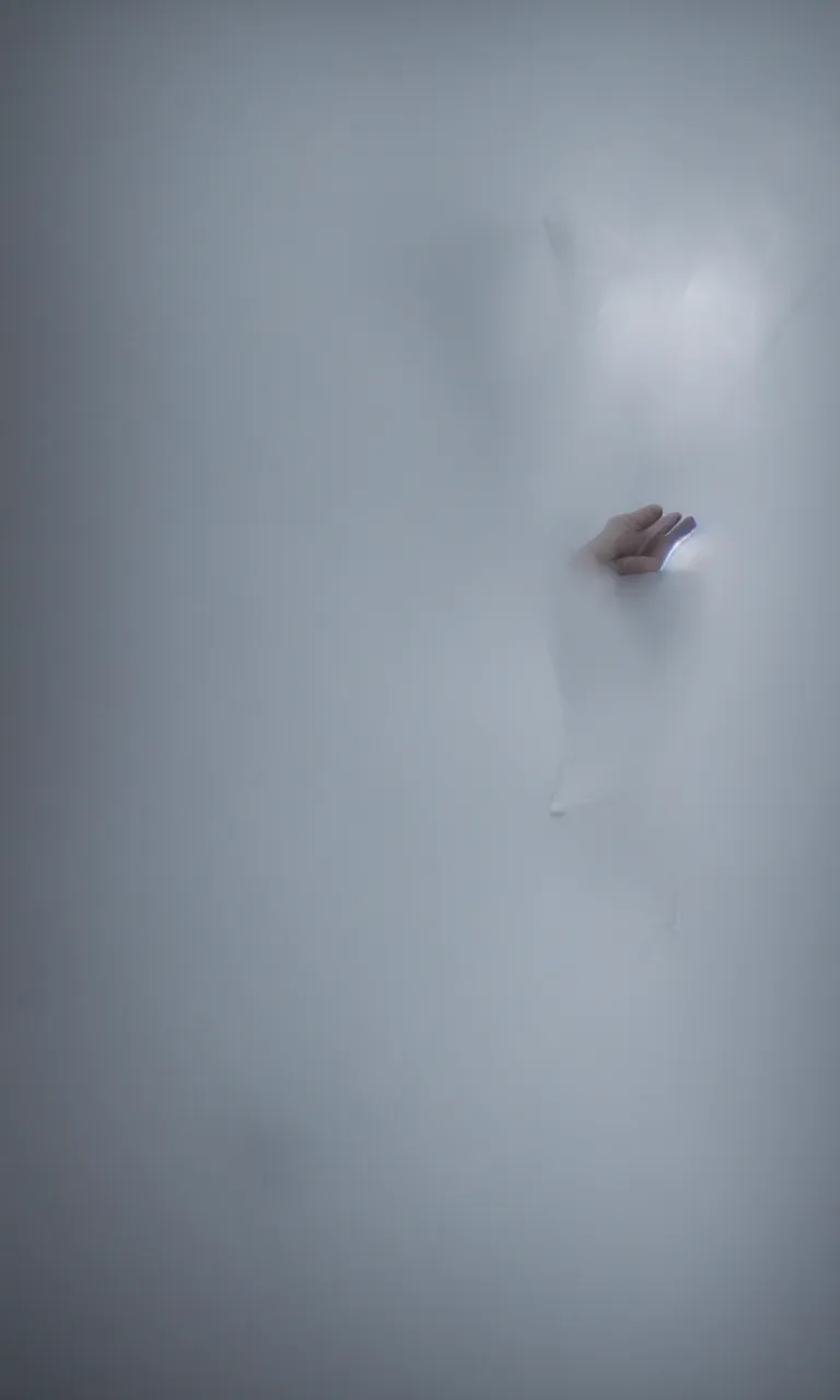 Prompt: POV top-down photo of my diverse arms digging inside an impossible aerogel portal containing a stack of aerogel pads/tablets with handles and knurling grip and node-based visual programming language, scale model floating in midair in front of me: brilliant daylight emerging from the thick fog, Leica 8K still from an A24 film