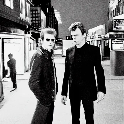 Image similar to David bowie and Michael c hall standing in the streets, nightlife, cityscape, surrealist