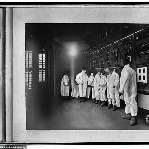 Prompt: daguerreotype photo of technicians in labcoats looking at the gagues inside the art deco inspired “control room A” of the Battersea Power Station