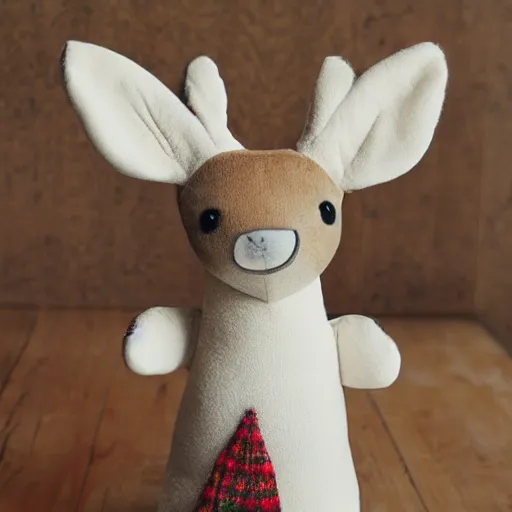 Image similar to a portrait of a realistic deer plush doll with forest background