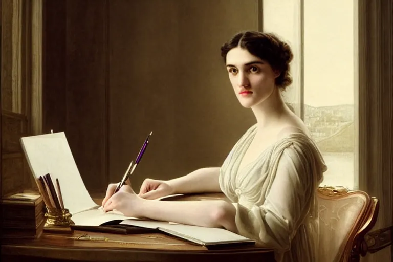 Prompt: georgian katie mcgrath writing at her desk by vittorio reggianini, bright lighting, perfectly detailed eyes, beautiful hands, pale skin, clear face