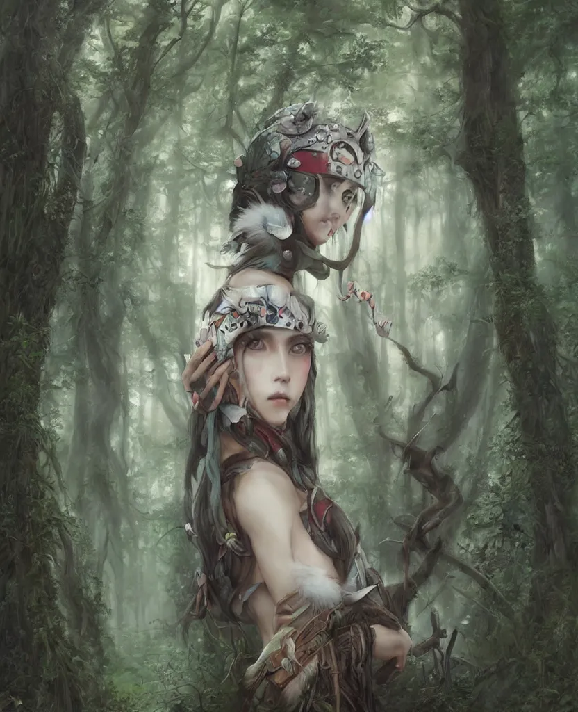 Image similar to portrait of Princess Mononoke wearing mask, lush forest landscape, painted by tom bagshaw, proko, artgerm, norman rockwel, james gurney, denoised, sharp,