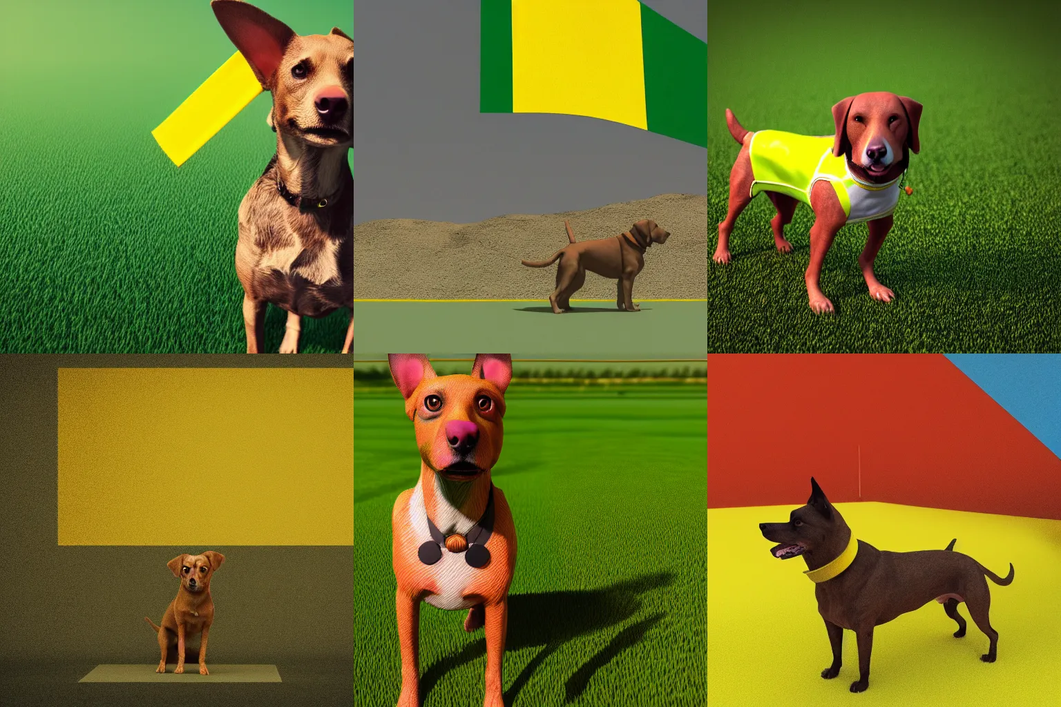 Prompt: a light brown dog stands in front of a green an yellow flag | 3D pop art | octane renderer | stylized | HD