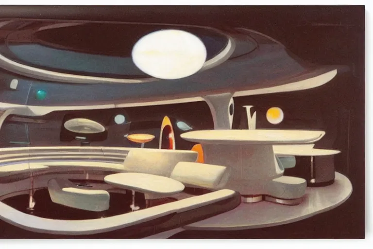 Image similar to coffee shop in a spaceship by robert theodore mccall