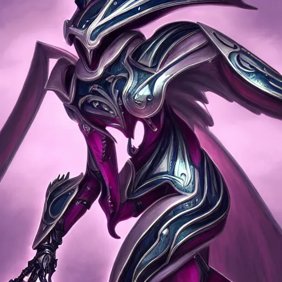 Image similar to highly detailed exquisite fanart, of a beautiful female warframe, but as an anthropomorphic elegant robot female dragon, shiny and smooth white silver plated armor engraved, robot dragon head, Fuchsia skin beneath the armor, sharp claws, long sleek tail behind, robot dragon hands and feet, standing elegant pose, close-up shot, full body shot, epic cinematic shot, professional digital art, high end digital art, singular, realistic, DeviantArt, artstation, Furaffinity, 8k HD render, epic lighting, depth of field