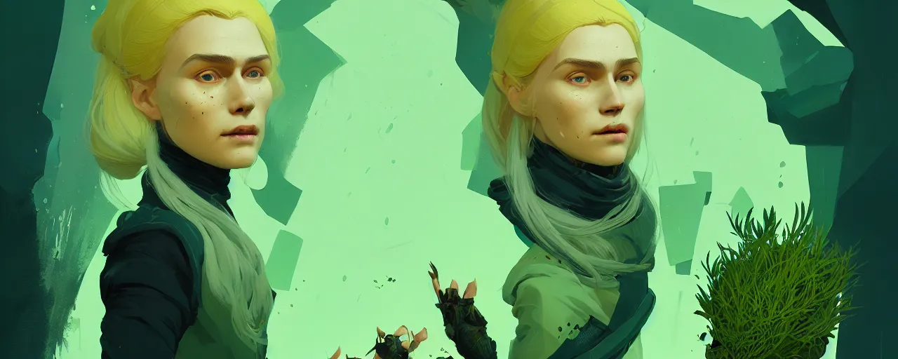 Image similar to duotone golden green noir illustration 3 / 4 portrait of keira metz with herbs sorceress from witcher 3 platin blonde hair folk in rustical clothes. by sachin teng and sergey kolesov and ruan jia and heng z. graffiti art, scifi, fantasy, hyper detailed. octane render. concept art. trending on artstation