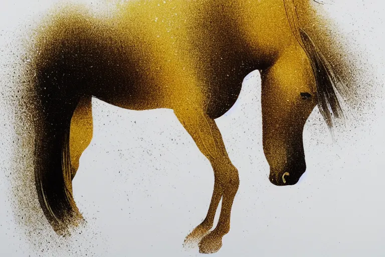 Image similar to beautiful serene horse, healing through motion, minimalistic golden ink aribrush painting on white background