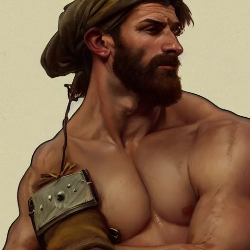 Image similar to portrait of a rugged ranger, muscular, upper body, hairy torso, detailed detailed detailed hands hands hands hands, D&D, fantasy, bare bare bare bare thighs thighs thighs intricate, elegant, highly detailed, digital painting, artstation, concept art, smooth, sharp focus, illustration, art by alphonse mucha