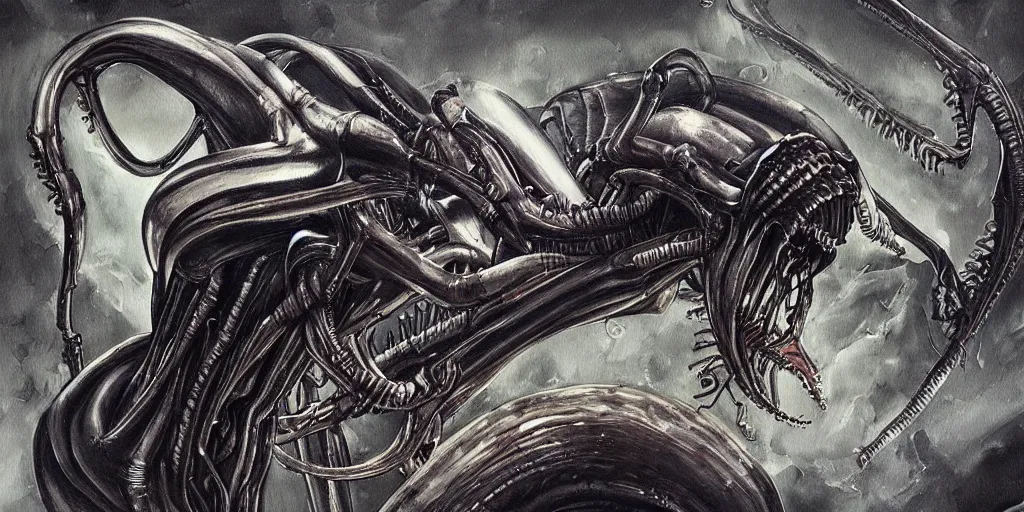 Image similar to “painting of xenomorph in the style of HR Giger, movie scene from Aliens movie