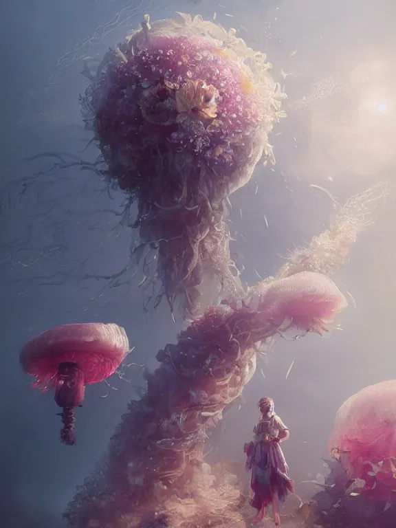 Image similar to a fancy portrait of a giant floating flower and jellyfish by Greg Rutkowski, Sung Choi, Mitchell Mohrhauser, Maciej Kuciara, Johnson Ting, Maxim Verehin, Peter Konig, Bloodborne , 8k photorealistic, cinematic lighting, HD, high details, atmospheric , trending on artstation