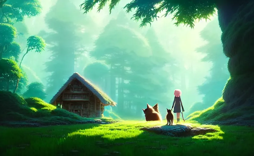 Image similar to a bounty hunter and her cat companion their woodland home in a fantasy studio ghibli animated film, d & d, fantasy concept art, global illumination, beautiful composition, volumetric lighting, octane render by christopher balaskas, highly detailed