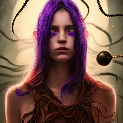 Image similar to detailed photo portrait of a furious teen girl with thin, hair-like purple tentacles on her head and bright purple eyes, 8k,by tristan eaton, Stanley Artgermm,Tom Bagshaw,Greg Rutkowski,Carne Griffiths,trending on DeviantArt, face enhance,hyper detailed ,full of colour, dramatic lightning