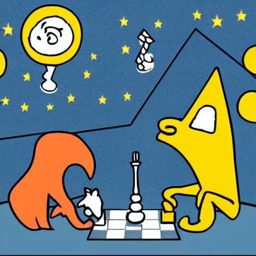 Prompt: cartoon image of a giant in a tinfoil hat playing chess with aliens