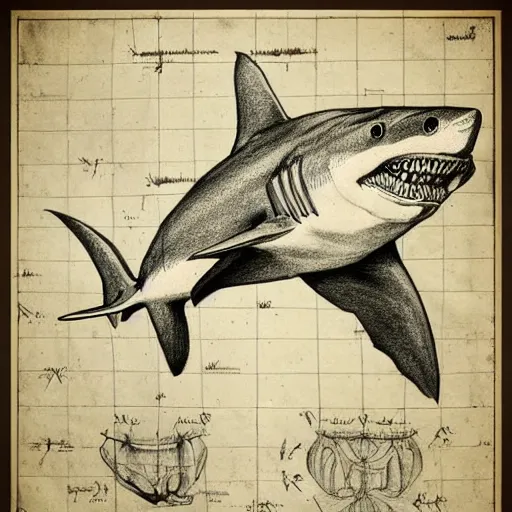 Image similar to anatomical drawing of shark, davinci style, medical drawing, blueprint, schematic, old school