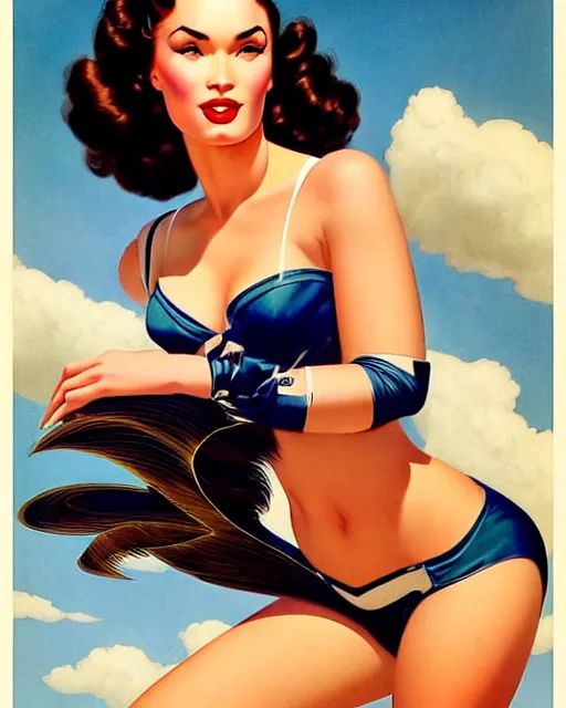 Prompt: beautiful megan fox retro future varga girl, windblown dark hair, retro pinup model, seductive, 1 9 4 0, glamour pose, intricate, hyper detailed, digital art, smooth, sharp focus, alberto vargas, gil elvgren, craig mullins, greg rutkowski, vibrant, arney freytag