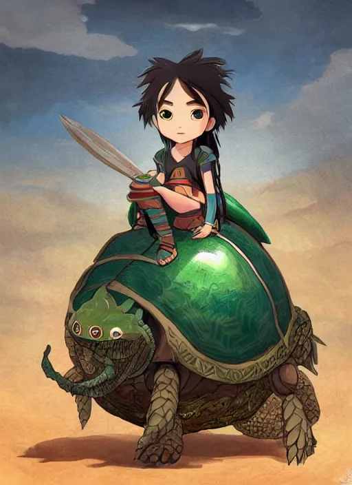 Image similar to portrait of a little warrior girl character sitting on top of a giant armored turtle in the desert, studio ghibli epic character with dark skin and beautiful green eyes, very beautiful detailed symmetrical face, long black hair, realistic legs, bright colors, diffuse light, dramatic landscape, fantasy illustration