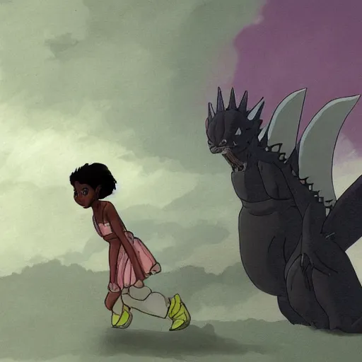 Image similar to Dark skinned girl and Godzilla, Studio Ghibli concept art