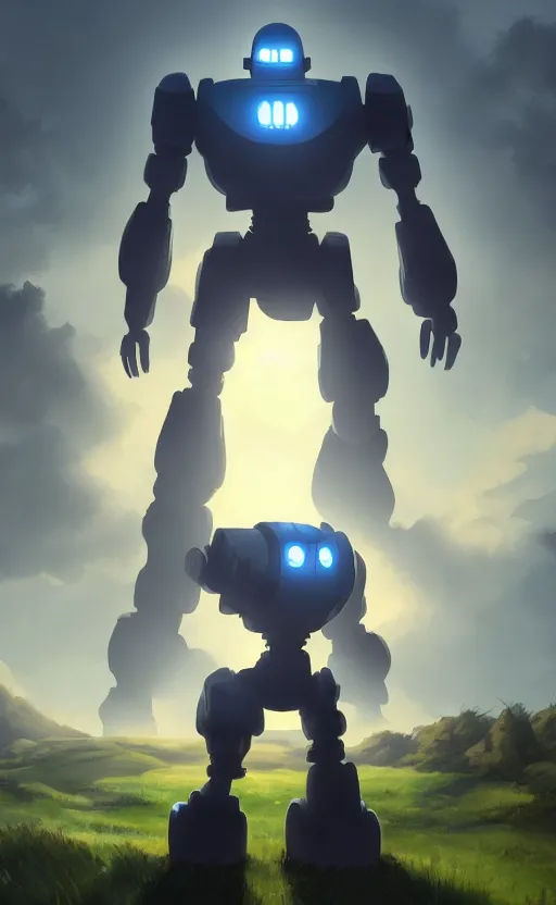 Image similar to iron giant standing near his farm, dynamic lighting, photorealistic fantasy concept art, trending on art station, stunning visuals, creative, cinematic, ultra detailed